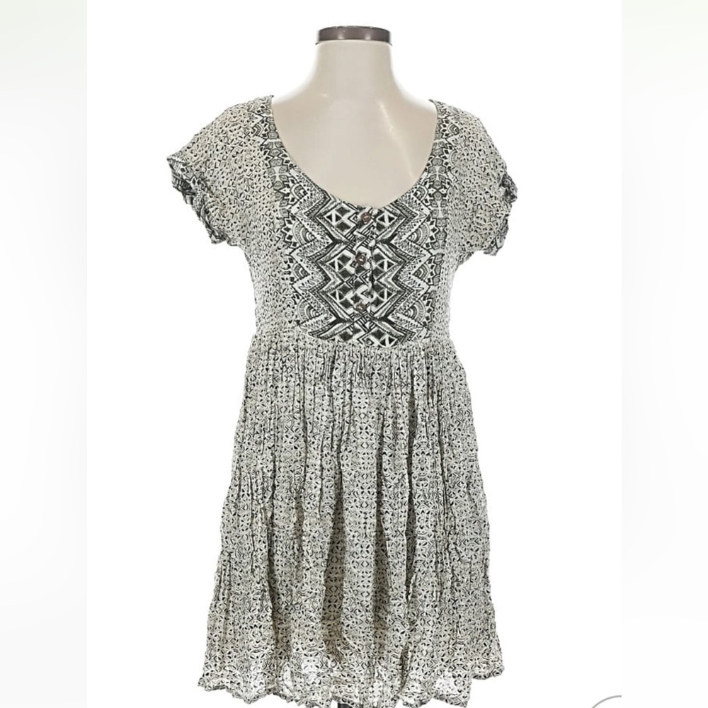 Free People Boho Tunic Black and White Tiered Mini Sundress with Scoop Neck XS